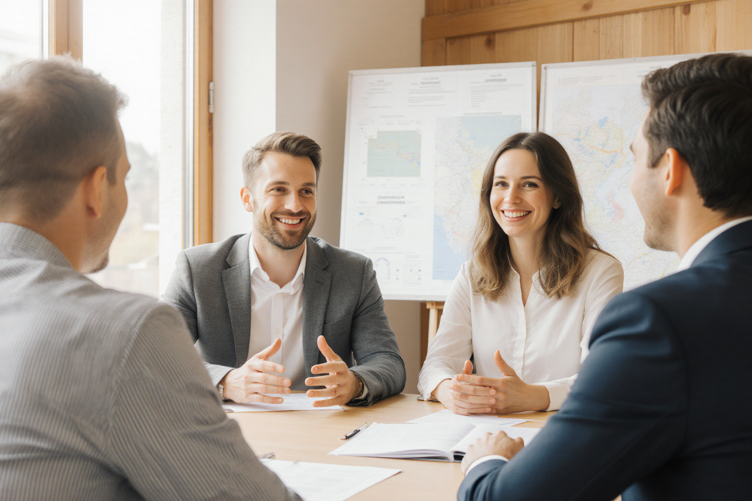 Symbolische Gesprächs- und Arbeitssituation mit Bezug zu Menschen und Immobilien.