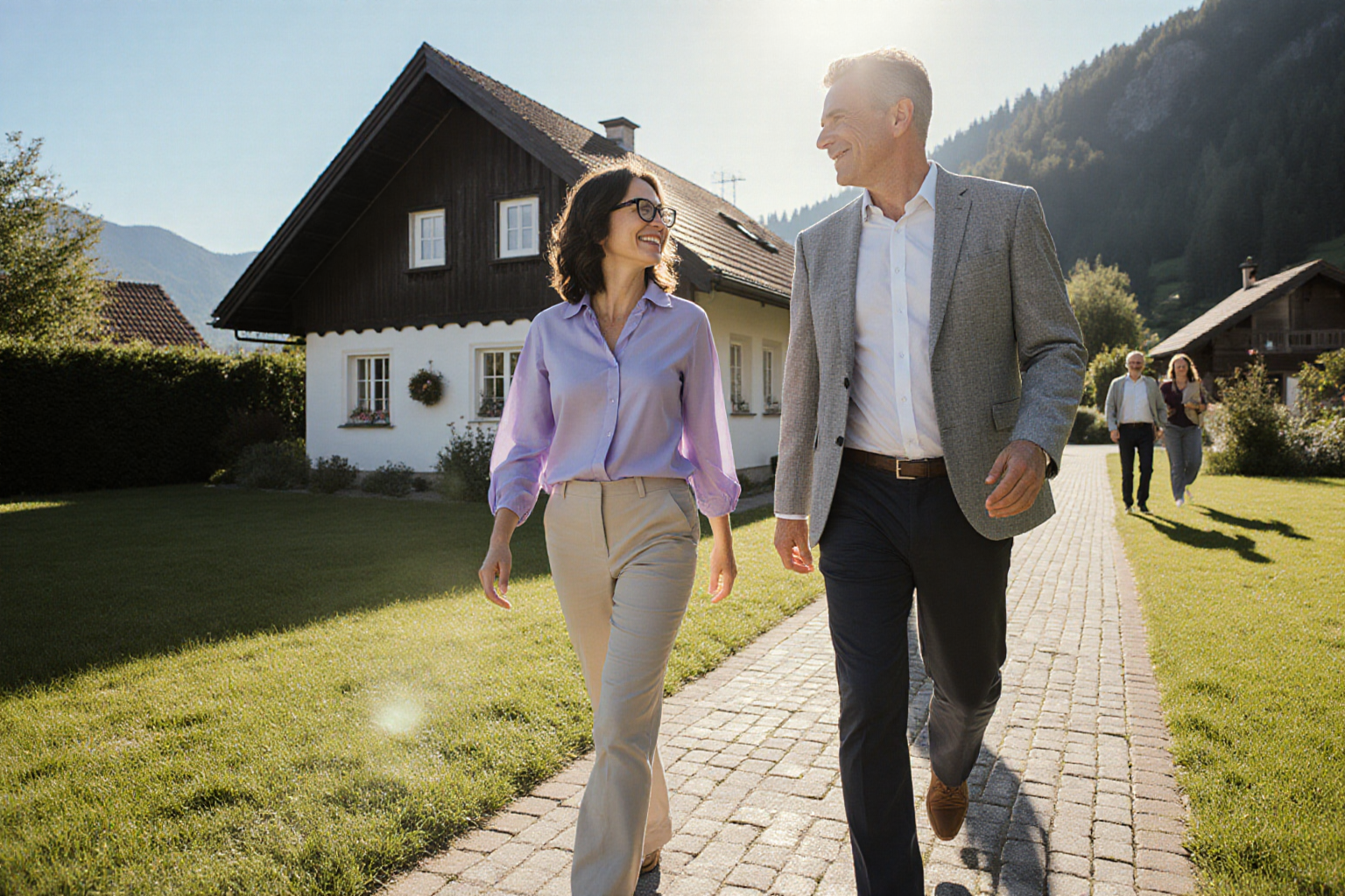 warmer praktischer Einstieg mit Blickkontakt beim Hausrundgang, ganze Köpfe und plausible Hände, normales österreichisches Haus und grüner Garten, schönes natürliches Tageslicht